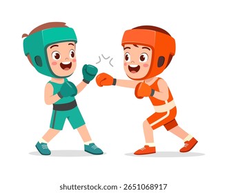 Two young boys are boxing and smiling while playing together in indoor during daytime