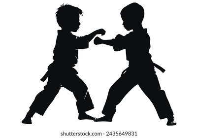 Dos jóvenes haciendo silueta de karate, dos jóvenes luchadores de karate en un partido,  