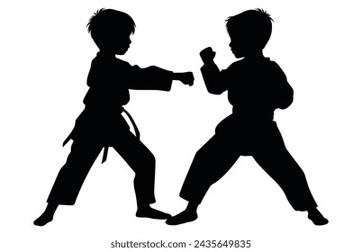 Two young boys doing karate silhouette, Two karate young boys fighters in a match,  