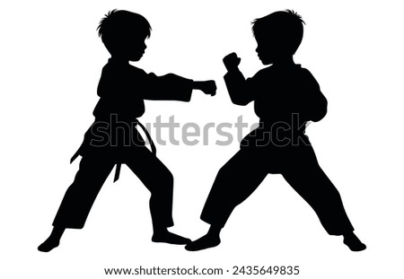 Two young boys doing karate silhouette, Two karate young boys fighters in a match,  