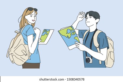 Two young boys and a girl are carrying backpacks and holding a map. hand drawn style vector design illustrations.