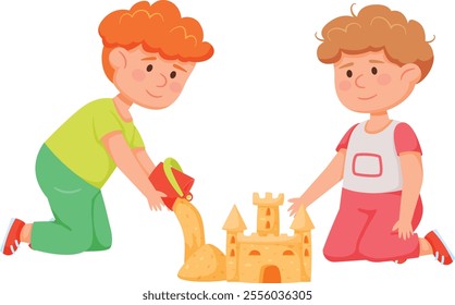 Two young boys are happily building a sandcastle together on the beach, one pouring sand from a bucket while the other shapes the walls, enjoying their summer vacation