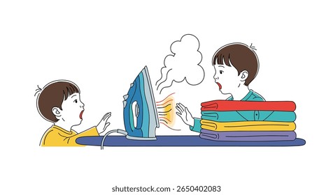 Dois meninos aprendendo a passar roupas e sendo cuidadosos ao redor do ferro quente e vapor