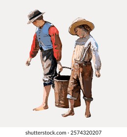 Two young boys, one in a blue and red outfit, the other in a beige and blue outfit, both wearing hats, carry a bucket together. Boys, hats, bucket, teamwork. Vintage art, isolated vector element.