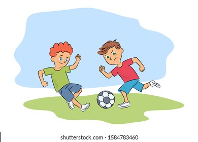 Two young boys playing ball on playground cutout cartoon. Kids hobby and recreation. Summertime active rest. Sport and activities in summer. Cute soccer players. Vector flat illustration