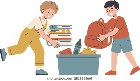 Two young boys are putting school supplies into a bin. One boy places a stack of books into the bin, while the other adds a backpack and crayon.