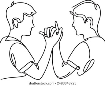 Two young boys sitting at hangouts with friends concept. Continuous line draw design graphic vector illustration.
