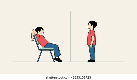 Two young boys standing and sitting in a room on either side of a thin dividing wall observing each other patiently