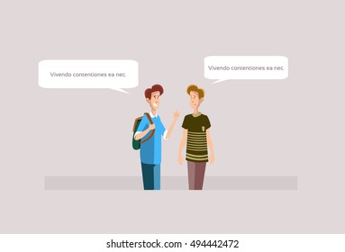 Two Young Boys Students Speaking Friends Communication Flat Vector Illustration