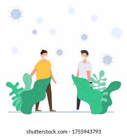 Two young boys talking to each other and wearing protective medical mask to against covid-19. Concept of corona virus, health care, and medical.