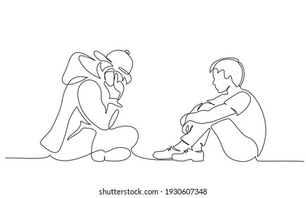 Two Young Boys Teenagers Sitting Together And One Talking By Phone. Continuous One Line Drawing. Vector Illustration