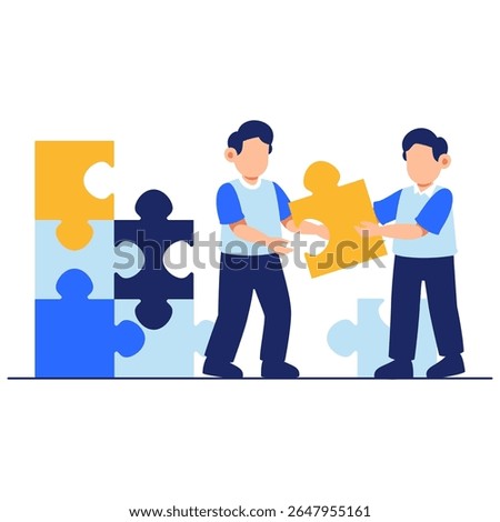 Two young boys working together on a bright puzzle, promoting cooperation, learning, and problem-solving