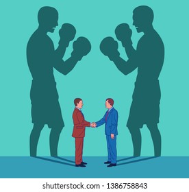 Two young business men shake hands while their shadows fight like boxers. Conceptual illustration representing duplicity