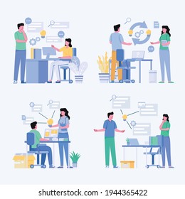 Two young business people brainstorming meeting for idea and create plan to work for target, isometric vector design illustration