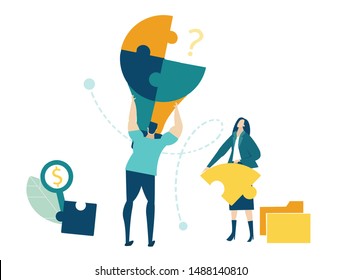 Two young business people working with puzzles as symbol of collaborating, solving problems, thinking about creative idea, brainstorming and teamwork concept. Flat style illustration.