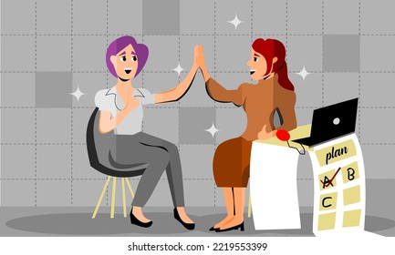 Two young business women giving high five vector illustration design. Cheerful and happy teamwork concept. 