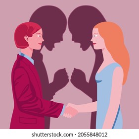 Two young business women shake hands pretending friendship but their shadows reveal mutual hostility. Conceptual vector illustration representing insincerity at workplace.
