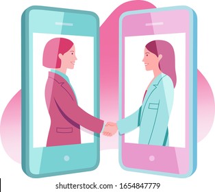 Two young business women working remotely agree shaking hands on the screens of mobile phones. Conceptual illustration representing the use of portable technology in remote work