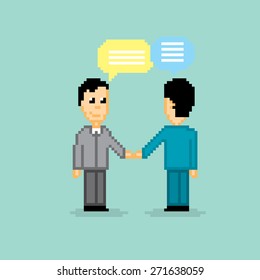 Two young businessman shake hands. Old school computer graphic