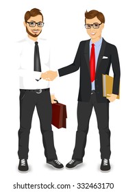 Two Young Businessmen With Glasses Shaking Hands Happy Standing Negotiating