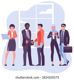 Two young businessmen shaking hands. Flat vector characters showing International partnership, isolated clipart. Successful negotiations agreement cartoon illustration. Business partners meeting.
