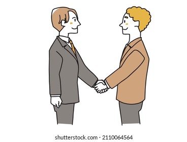 Two young businessmen shaking hands Building contracts and cooperative relationships Warm hand-drawn person illustrations White background