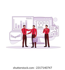 Two young businessmen shaking hands over a business deal and an employee applauding. Background of business diagrams, charts, and statistics. Trend Modern vector flat illustration.