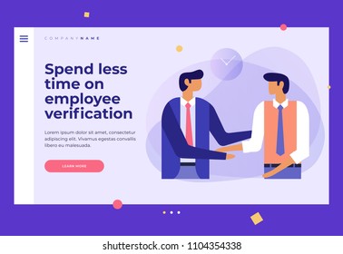 Two young businessmen talking to each other and shaking hands. Search and selection of employees. Design template for Landing Page. Header for website. Colorful flat vector illustration.