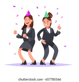 Two young businesswomen having fun corporate party. Couple of funny girls in business suits dancing and celebrating isolated in cartoon style