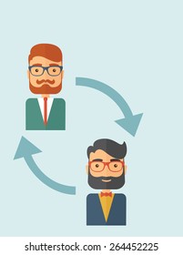 Dos jóvenes señores caucásicos con barba. Intercambio de negocios, concepto de reemplazo de empleados.  Un estilo contemporáneo con una paleta pastel y un fondo de tonos azules suaves. Ilustración de diseño plano del vector