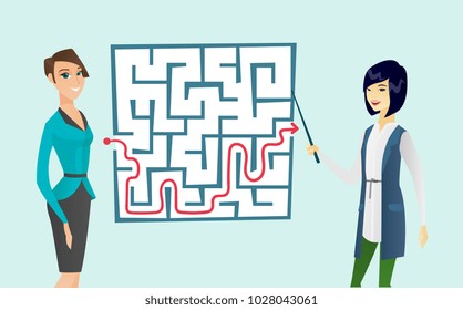 Two young caucasian white and asian business women thinking about business solution while looking at labyrinth with guessing. Business solution concept. Vector cartoon illustration. Horizontal layout.