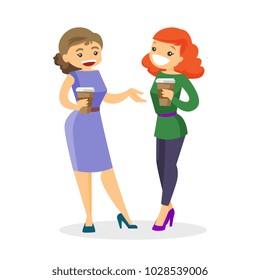 Two young caucasian white business women drinking coffee. Joyful smiling female colleagues with takeaway coffee talking. Vector cartoon illustration isolated on white background. Square layout.