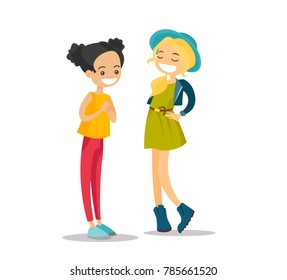 Two young Caucasian white female friends talking and laughing. Cheerful girl sharing the news with her best friend. Smiling teenage girls having a conversation. Vector isolated cartoon illustration.