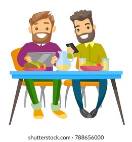 Two Young Caucasian White Men Sitting Together At The Table With Smartphone And Tablet Computer. Friends With Gadgets Hanging Out Together. Vector Cartoon Illustration Isolated On White Background.