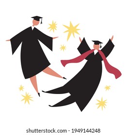 Two young characters in a mantle and a hat with a tassel. Graduation 2021. Colorful vector illustration on a white isolated background. University graduates. Holiday design for poster, postcard.