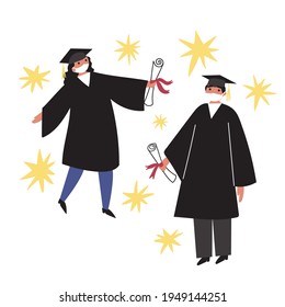 Two young characters in a robe, a hat with a tassel and a mask. Graduation 2021. Happy students. Colorful vector illustration drawn on a white isolated background. Holiday design for poster, postcard.