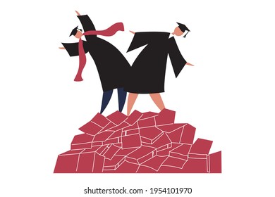 Two young characters in robes and a tasseled hat stand on a mountain of books. Colorful vector illustration on a white isolated background. University graduates. Holiday design for poster, postcard.