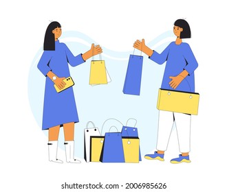 Two young characters with shopping bags. Female persons standing together and holding their purchases. Filled line vector illustration.