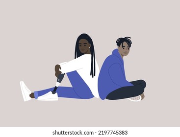 Two young characters sitting back-to-back, relationship difficulties