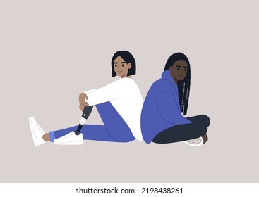 Two Young Characters Sitting Back-to-back, Relationship Difficulties