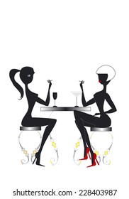 Two young chatting women sitting at a table in a baroque bar, smoking cigarettes, and drinking fresh cocktails