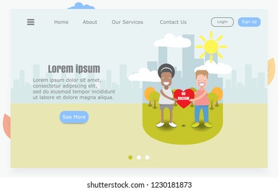 two young cheerful guys of different races holding a heart as a symbol of No racism, flat vector illustration 