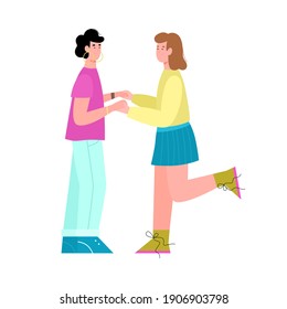 Two young cheerful women standing holding hands, flat cartoon vector illustration isolated on white background. Lesbian couple or two girlfriends characters.