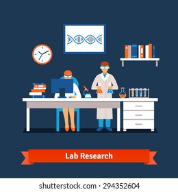 Two young chemistry scientists man and woman working in the lab with big table, desktop computer, test glass tubes, bottles and vials, books, microscope. Flat style isolated vector illustration.