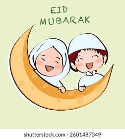 Two young children celebrating Eid. Cute muslim boy and girl with cute moon celebrating ramadan