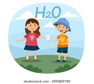 Two young children drinking healthy fresh water on a hot summer day as they play together outdoors, colored vector illustration