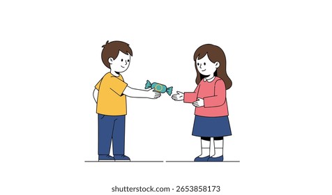 Duas crianças gentilmente compartilham um delicioso doce bar com o outro em uma ilustração de fundo branco brilhante