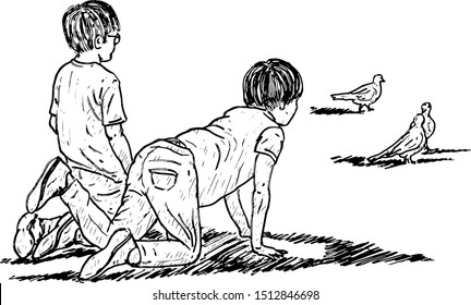 Two young children looking curiously at birds. Hand drawn vector illustration. 