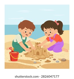 Two young children play together on a sandy beach shore. A boy and a girl build a detailed sandcastle near the ocean. Bright red bucket and shovel rest in the sand nearby. Gentle blue waves line the background under a soft sky.