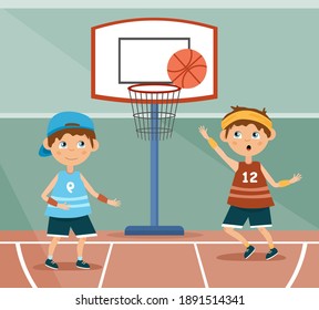 Two young children playing basketball as one boy shoots for goal above the head of the defender, colored cartoon vector illustration